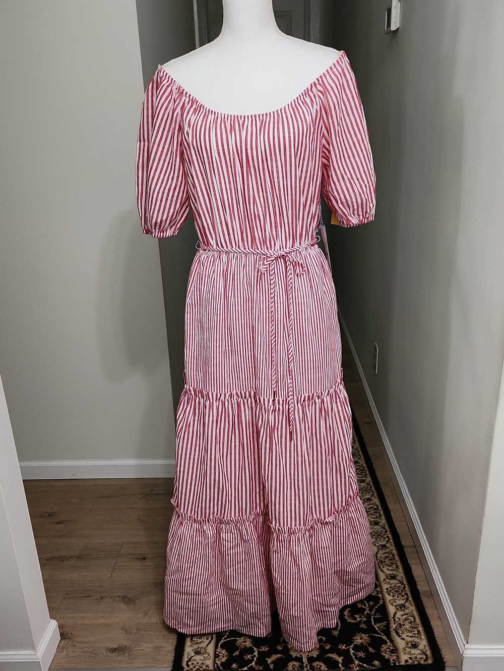 DRAPER JAMES RSVP Puff Sleeve Tiered Maxi Dress Red White Striped Size Medium - Picture 5 of 16